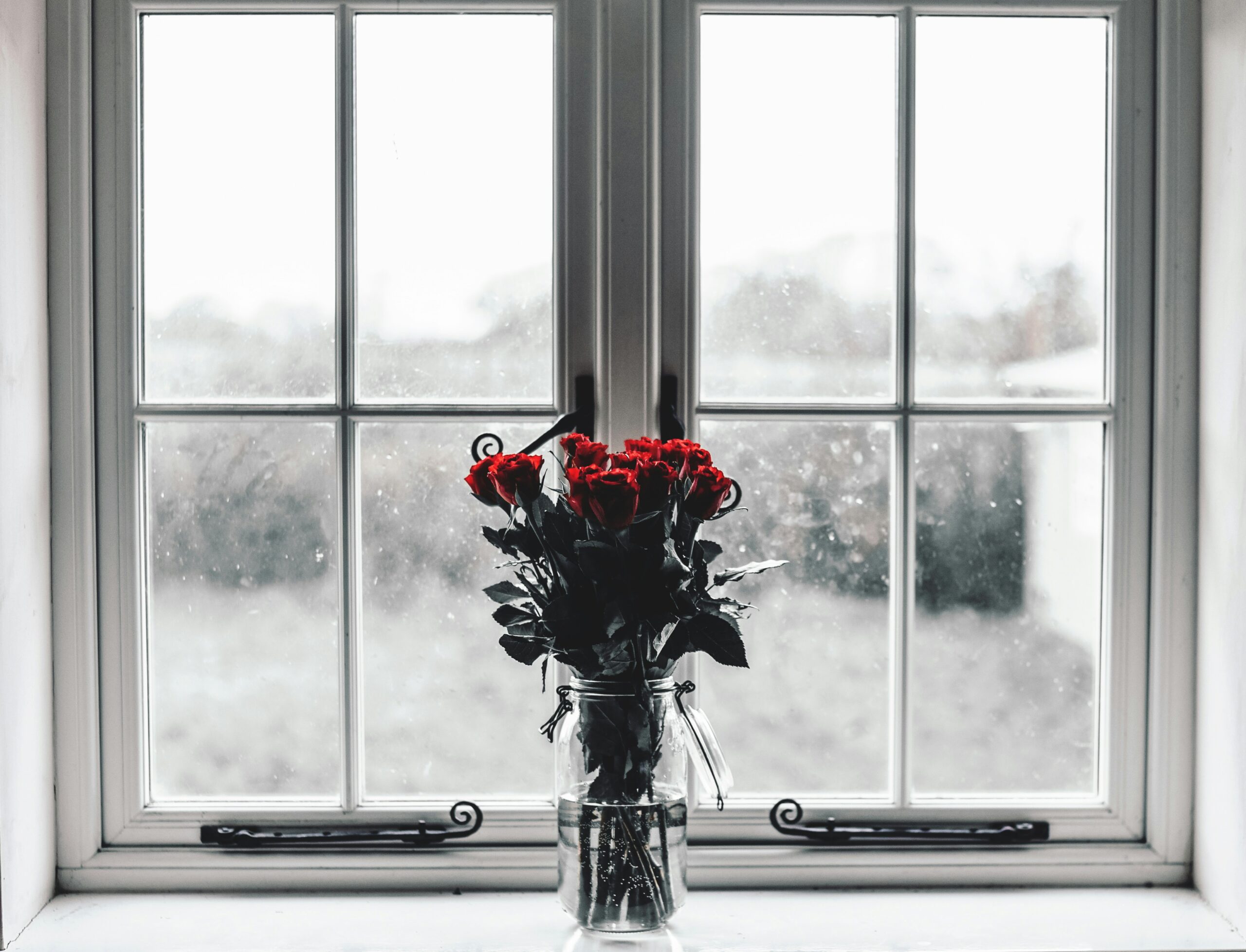 A vase filled with red roses sits on a windowsill. The window, with several panes, frames a blurred view of the outdoors under a grey sky. The scene has a peaceful and slightly moody atmosphere.