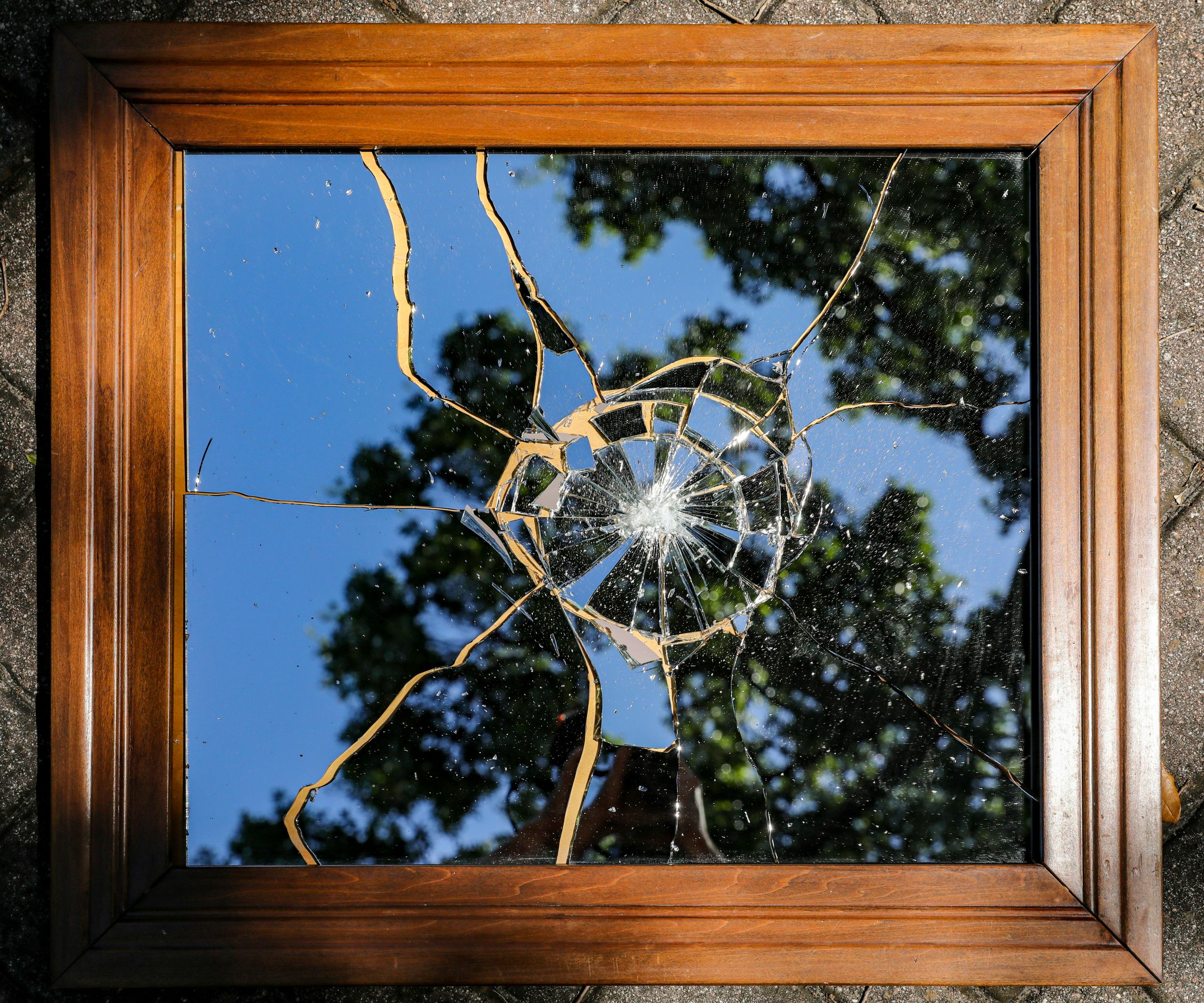 A wooden-framed mirror with a shattered, spiderweb-like crack pattern reflects trees and blue sky above. The broken glass pieces distort the reflected image, making it a striking candidate for professional glass replacement.