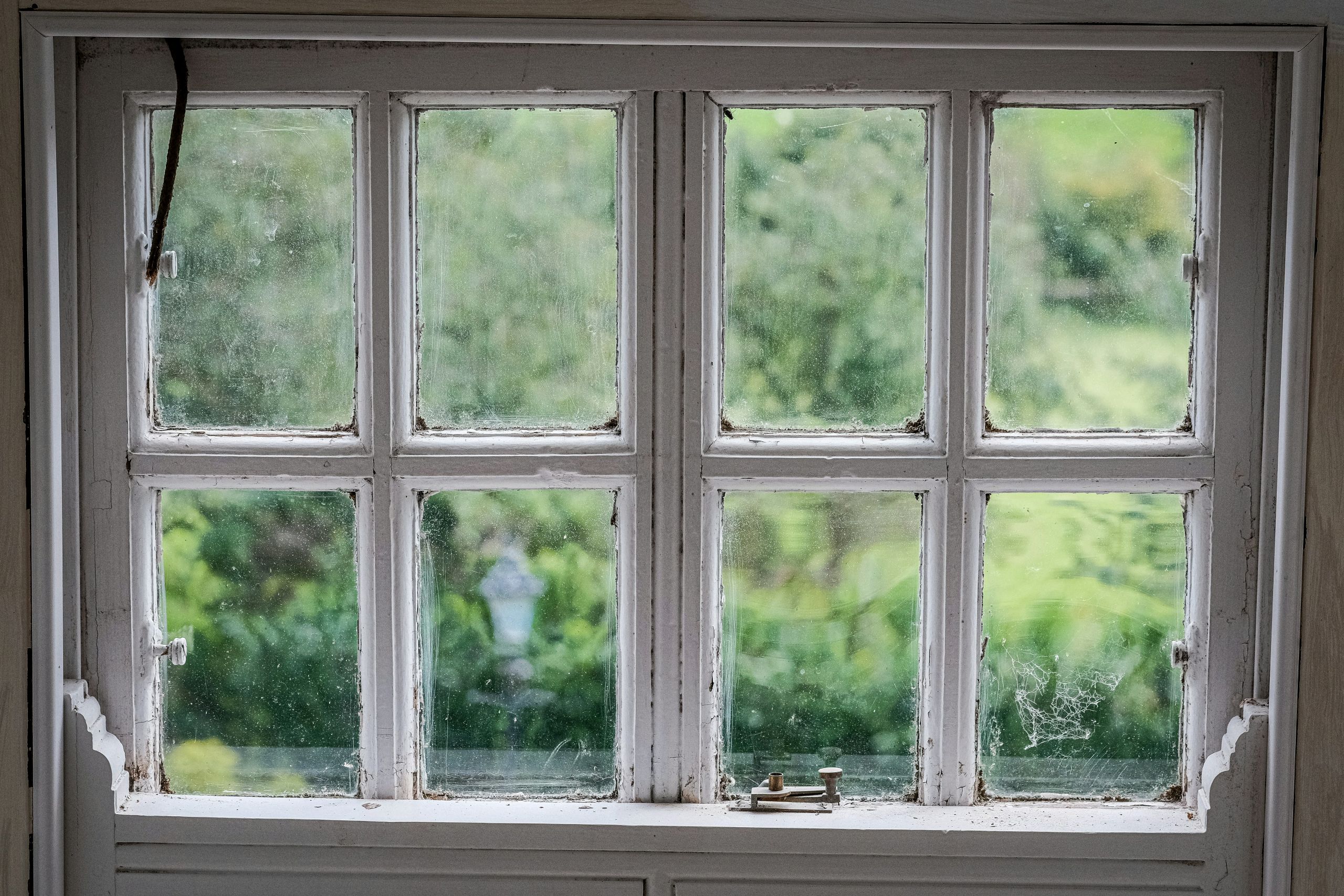 An old, white, wooden-framed window with eight glass panes, some dusty and dirty. A latch and spider webs are visible, and lush green foliage can be seen outside through the glass.
